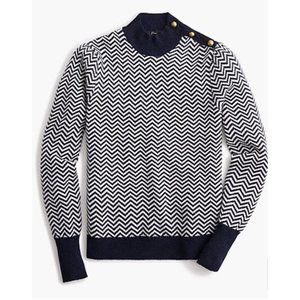 J Crew Button Detail Mock Neck Sweater Medium Navy Blue Herringbone Alpaca AC138